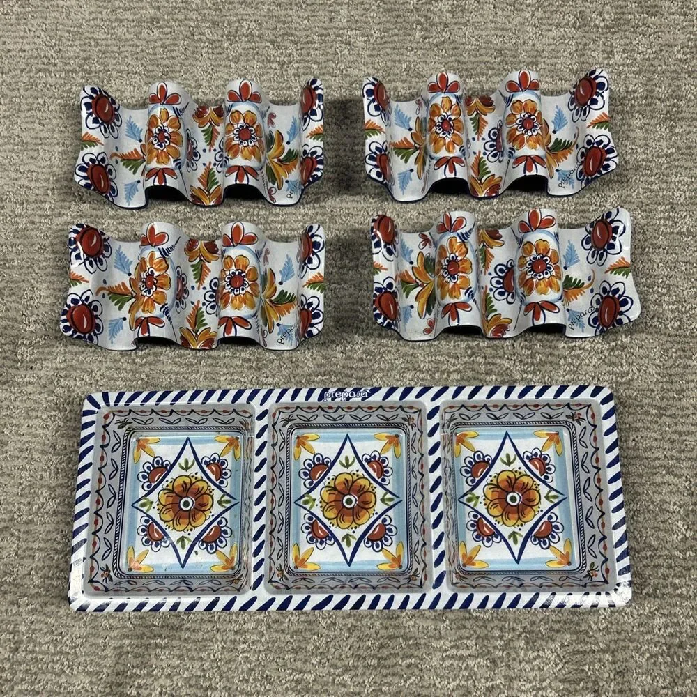 Prepara Taco Holder Yellow Red Set Floral Fiesta 3 Section Serving Tray Melamine